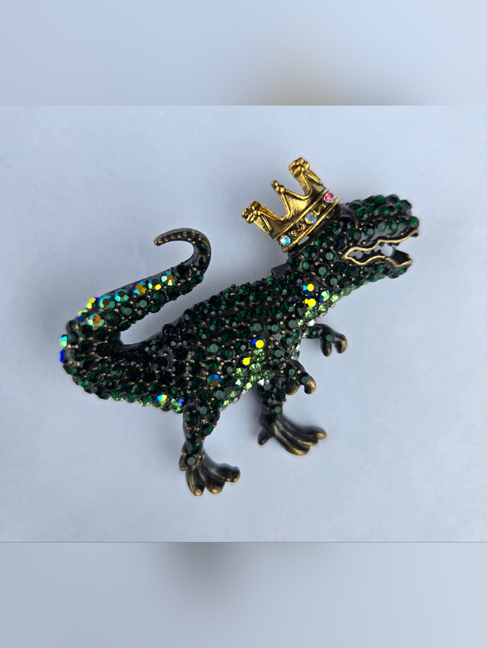 Crowned Green Crystal T-Rex Brooch - Decorative Pin.